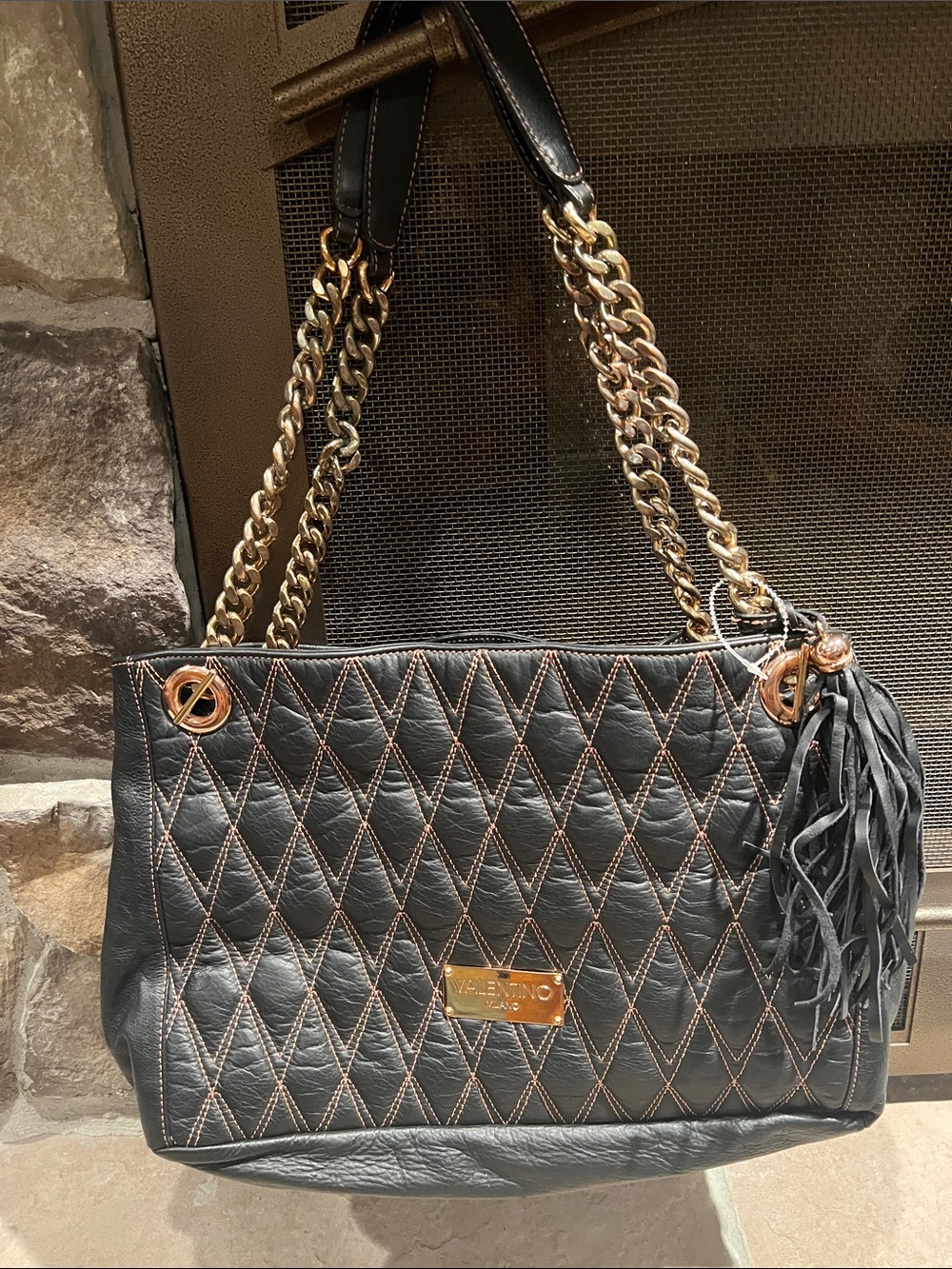 Mario Valentino Black Quilted Leather Shoulder Bag with Gold Hardware
